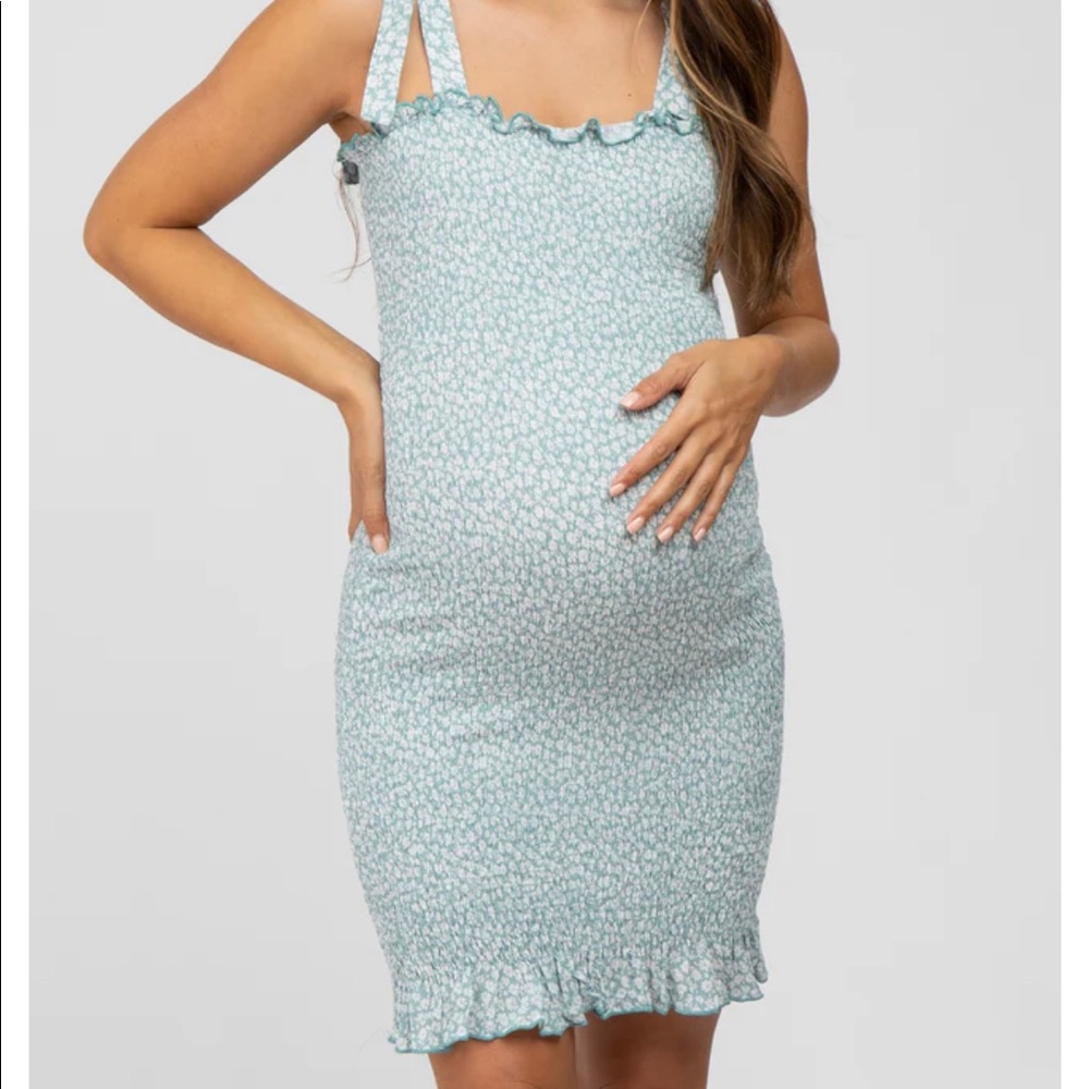 Mint Green Floral Smocked Square Neck Tied Strap Maternity Dress